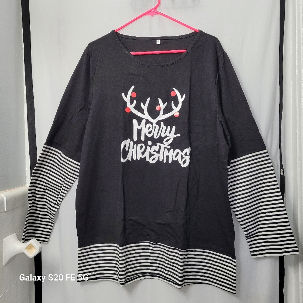 Women Merry Christmas Print Long sleeves T-Shirt Casual Crewneck Striped Black